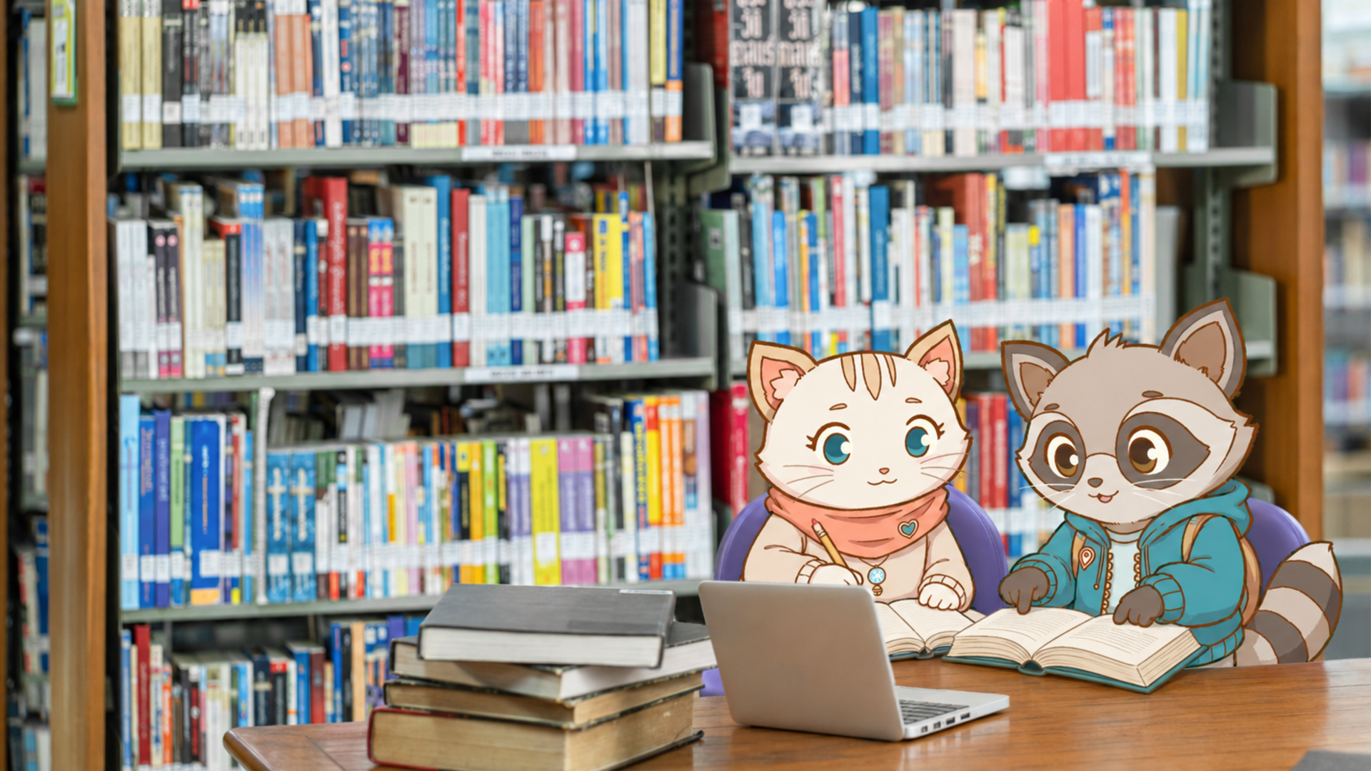 Tabi and Mochi studying together in a library