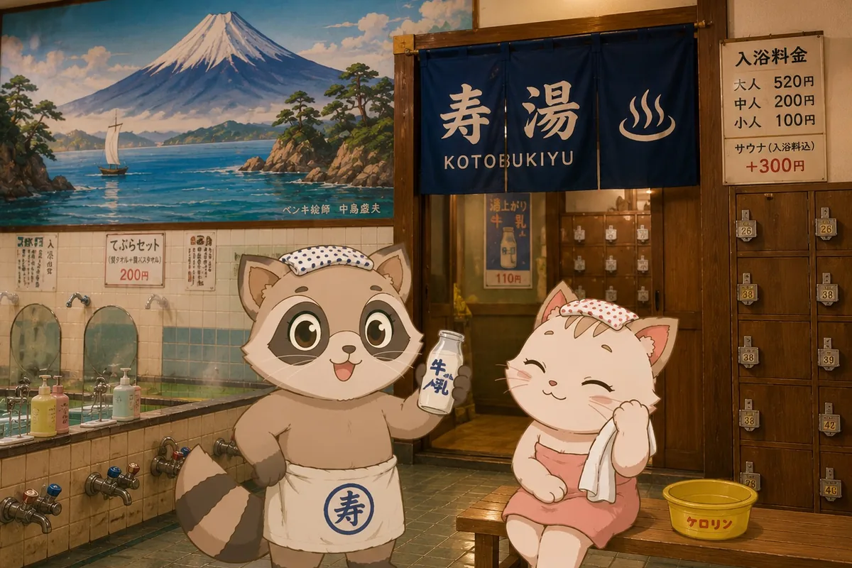 Mochi and Tabi at a sento bathhouse