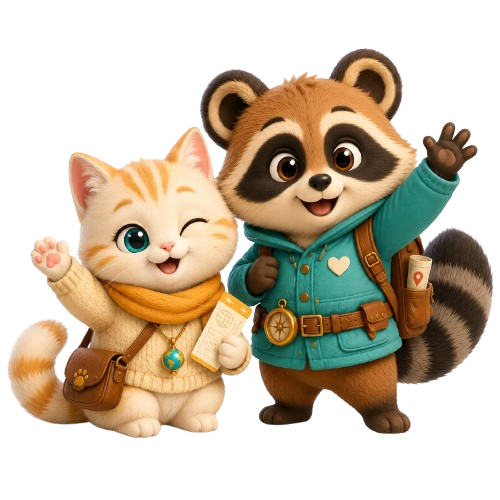 Tabi the tanuki and Mochi the cat waving